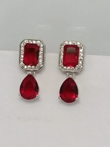 Emerald Cut Simulated Red Ruby Halo Drop/Dangle Earrings 14k White Gold Plated - Picture 1 of 6