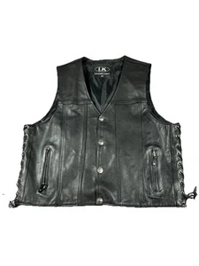 Leather King Black Mens Biker Vest Sz 48 with buffalo nickle buttons Tough - Picture 1 of 8
