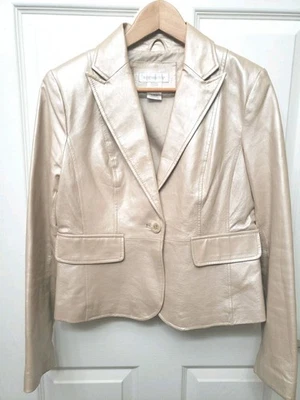 Worthington Size MEDIUM Genuine Leather Crop Moto Jacket Pearlescent Champagne  - Image 1 of 4