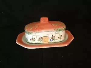 Rare Find- Butter Cheese Lidded Dish Pottery Hand Painted Cottagecore House - Picture 1 of 11