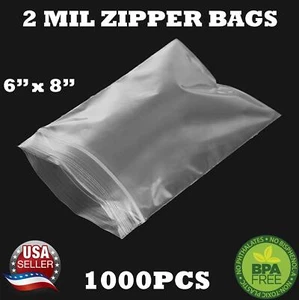 1000 - 6" x 8" ZIP SEAL TOP LOCK BAGS CLEAR 2 MIL PLASTIC RECLOSABLE BAGGIES - Picture 1 of 6