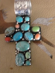 NAKAI 925 Sterling Turquoise, Gaspeite, Coral Spiny Oyster Cross Pendant 3-1/2" - Picture 1 of 8