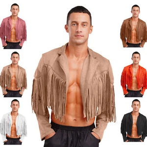 Men's Fringe Faux Suede Leather Cropped Tassel Coats Western Cowboy Jacket - Picture 1 of 70