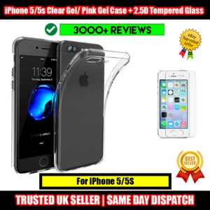 For Apple iPhone 5/5S Slim Clear Gel/Pink Gel Case + 2.5D Tempered Glass - SALE - Picture 1 of 16