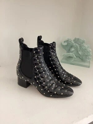 Valentino Rockstud Accent Black Patent Leather Ankle Chelsea Boots Size 37 Italy - Image 1 of 4