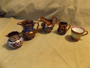 4 Different Antique Copper Lustre Porcelain Creamers 1 Teacup Unmatching 1 Signd - Picture 1 of 12