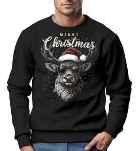 Sweatshirt Herren Weihnachtspullover Rentier Hirsch mit Weihnachtsmütze - Bild 1 von 3