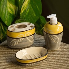 Conjunto De 3 Amarillo Cerámica Accesorio Baño -dispenser Plato Portacepillos