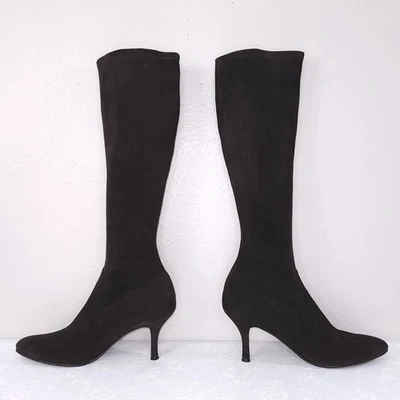Stuart Weitzman Jefe Stretch Suede Boots Women's 9.5 Brown Knee-High Heeled Tall - Image 1 of 4