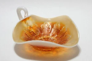 Vintage Dugan Iridescent Opalescent Marigold Carnival Glass Leaf Rays Nappy Dish - Picture 1 of 5