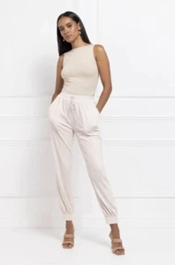 BNWT AAVELLE FAUX SUEDE CLASSIC JOGGERS TROUSERS CHANTILLY CREAM L 12-14UK - Picture 1 of 3