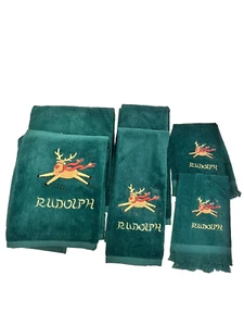 Grand Prix By Avanti 6Pc Towel Set Green Embroidered Rudolph Reindeer Christmas - Picture 1 of 16