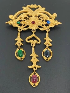 Vintage Brosche goldfarben etruskischer Stil Strass Cabochons baumelt - Bild 1 von 5