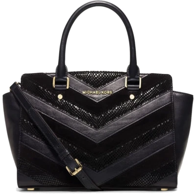 Bolsa de mão Michael Kors Selma Chevron satchel couro preto alça superior nova - Imagem 1 de 4