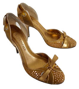 $579 Authentic GIVENCHY GOLD Satin & Leather HEELS PUMPS EUR-38 US-8 - Picture 1 of 8