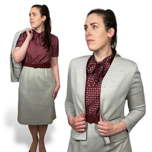 Gray & Burgundy Dress Suit Set 1970s Vintage Leslie Fay Jacket Cardigan Belt - Picture 1 of 6