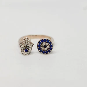 925 Sterling Silver C Z & Genuine Sapphire Pave Evil Eye Hamsa Hand Ring Size 6 - Picture 1 of 4