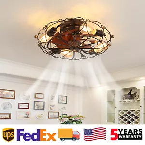 20 inch Ceiling Fan Light Farmhouse Black Caged Flush Mount w Remote Control Kit - Picture 1 of 10