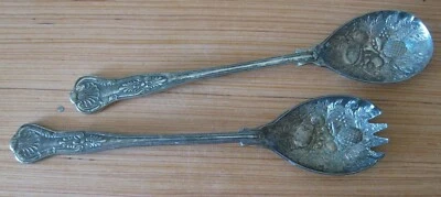 Vintage Silver-Plated Textured (with 3D Fruit) Salad Serving Fork & Spoon     ** - Image 1 of 4