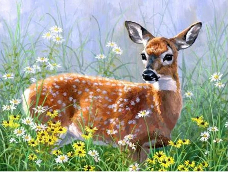 35" Fabric Panel | David Textiles Digital Spring Explorer Deer Fawn Flowers - Image 1 of 1