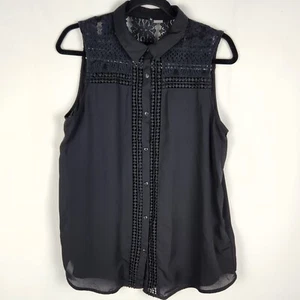 H&M Divided Womens Blouse Size 12 Black Lace Embroidered Collared Button Up Top - Picture 1 of 11