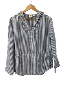 C&C Cali 100% Linen Blue Striped Popover Roll Tab Sleeve Hoodie Top Sz M Pockets - Picture 1 of 8
