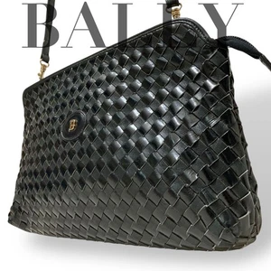 [Good Condition] Bally Intrecciato Shoulder Bag B Logo Hardware Black Crossbody - Picture 1 of 16