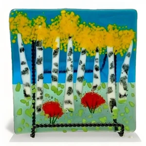 Decoración de vidrio artístico colorido kitsch firmado álamo casa de campo de colección plato cuadrado único en su clase - Imagen 1 de 16