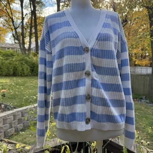 Talbots Pullover Strickjacke - Raglanärmel Gr. L Large babyblau weiß gestreift - Bild 1 von 8