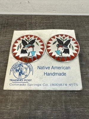 WOW Rare Dennis Nancy Edaakie Zuni Round Turquoise Inlay Hummingbird Earrings - Image 1 of 4