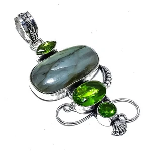Colgante de plata de ley 925 con piedras preciosas de peridoto natural de labradorita 2,6" w122 - Imagen 1 de 8
