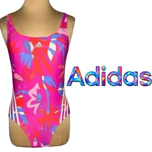 ADIDAS Pink multicolor Floral 3-Stripes One Piece retro 90’s Swimsuit size 12 - Picture 1 of 6