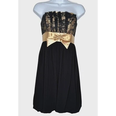 Vtg 90s Jessica McClintock Gunne Sax Dress Strapless Black Lace Gold Bow 5 Prom - Image 1 of 4