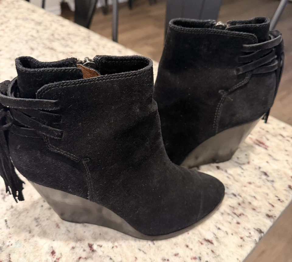 FRYE Cece Borla Encaje Cuña Botines Negro Gamuza Para Mujer 6.5M Botines Boho Cremallera Foto 1 de 4