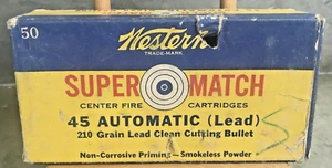 Vtg Western Super Match 45 Automatic Ammo Box Empty 210 Gr Lead Cutting Bullet - Picture 1 of 9