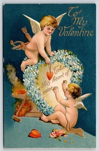 Valentine Cupids Work~Blue Forget-Me-Not Heart~Anvil~Hammer~Gold Emb~BB London - Bild 1 von 2