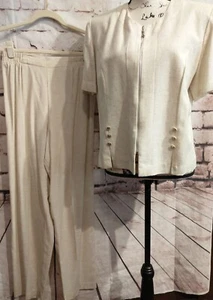 Vintage Michael Blake Jacket Pants Set 12 Petite 12P 80s Beige Neutral Lagenlook - Picture 1 of 12