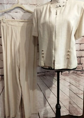 Vintage Michael Blake Jacket Pants Set 12 Petite 12P 80s Beige Neutral Lagenlook - Image 1 of 4