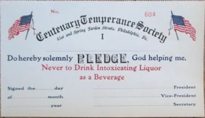 Temperance Pledge Certificate Card 1910 Centenary Society, Prohibition Patriotic - Bild 1 von 1