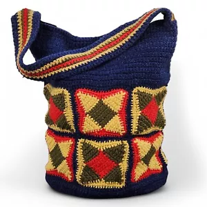 Borsa a tracolla vintage all'uncinetto foderata cerniera fatta a mano anni 70 boho hippie lg - Foto 1 di 14