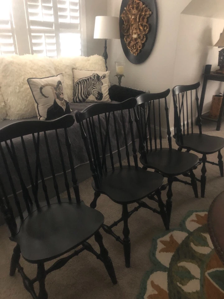 4 Vintage Nichols & Stone Windsor Brace Back Solid Wood Chair Painted Black   - Image 1 of 3