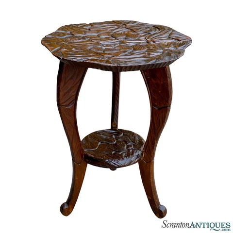 Antique Liberty & Co Art Nouveau Carved Floral Motif Plant Stand Table Cover