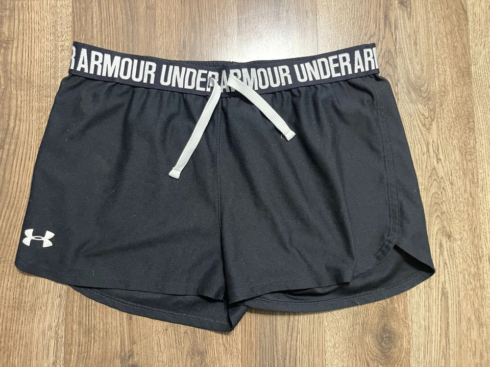Under Armour Shorts, Youth Girls Size XL, Black White, Drawstring, Logo - Image 1 of 4