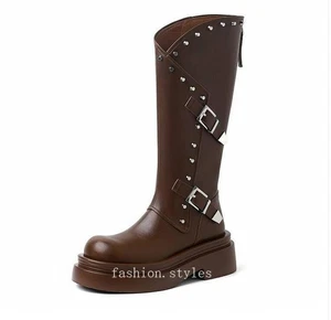 Mujeres Punta Redonda Tacón Chukky Hasta la Rodilla Bota Hebilla Caballero Bota Plataforma Bota Larga - Imagen 1 de 12