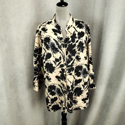 Womens Linen Jacket Size 2X Bold Floral Beige Button Up Artsy Alexandra Bartlett - Image 1 of 4