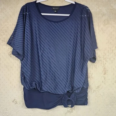 AB Studio Navy Blue Women's Top with Ring Detail Banded Accent Bottom Size L - Image 1 of 4