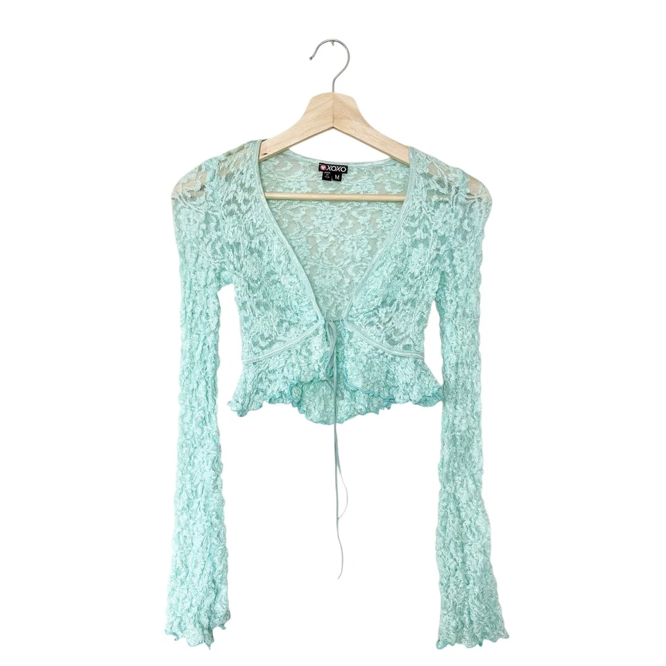 Cardigã Y2K XOXO verde perfeito renda gravata frontal cropped tamanho M - Imagem 1 de 4