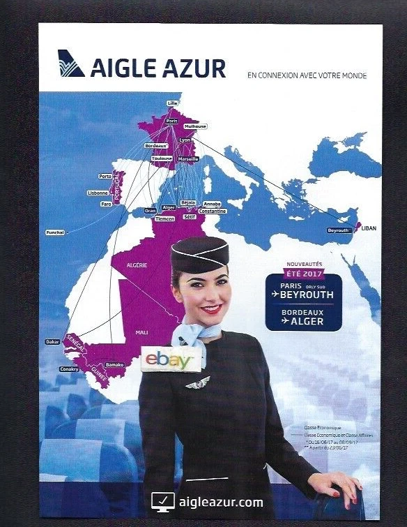 AIGLE AZUR FRANCE 2017 PARIS TO BEYROUTH & ALGER-BORDEAUX & F/A ANUNCIO DE MAPA DE RUTA Foto 1 de 1
