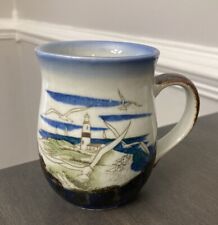 Otagiri Blue Gray Nautical Art Beach Lighthouse Seagull Scene Coffee Mug Tea Cup