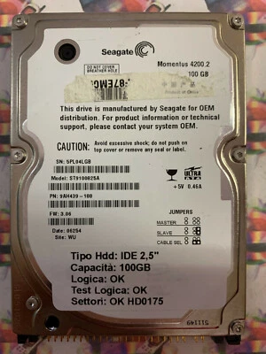 Hard Disk Usato IDE 2,5" 100GB SEAGATE ST9100825A 9AH439-188 3.06 06254 WU - Immagine 1 di 4